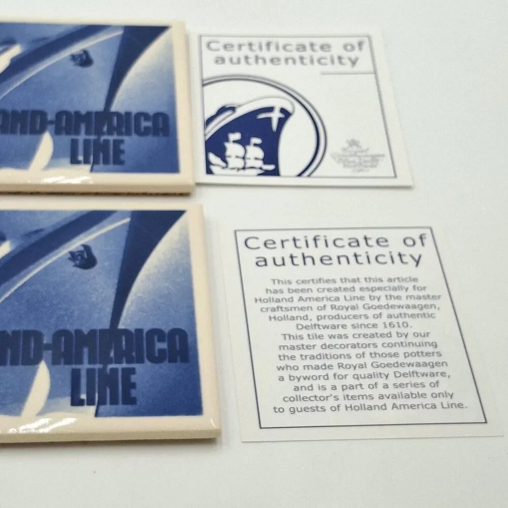 Holland American Cruise Line Blue Delft Coaster Tiles w/Cork Backing Set of 2